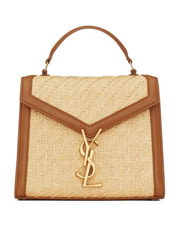 Saint Laurent Cassandra Mini Top Handle Bag In Raffia And Vegetable-Tanned Leather Coffee